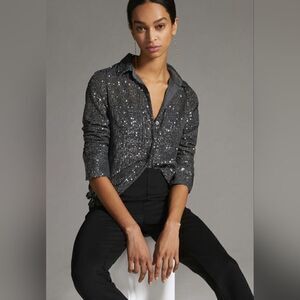 Anthropologie Sequin Buttondown Shirt In Slate Size Medium NWT